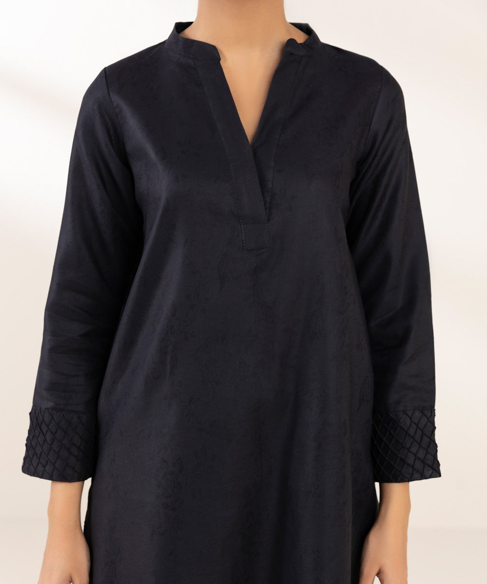 Women's Pret Cotton Jacquard Solid Black A-Line Shirt