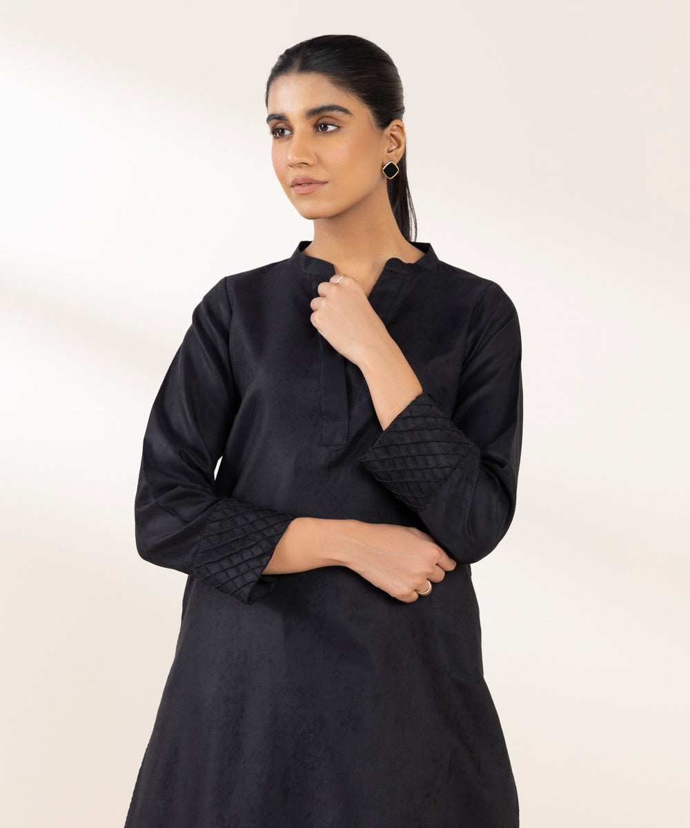 Women's Pret Cotton Jacquard Solid Black A-Line Shirt