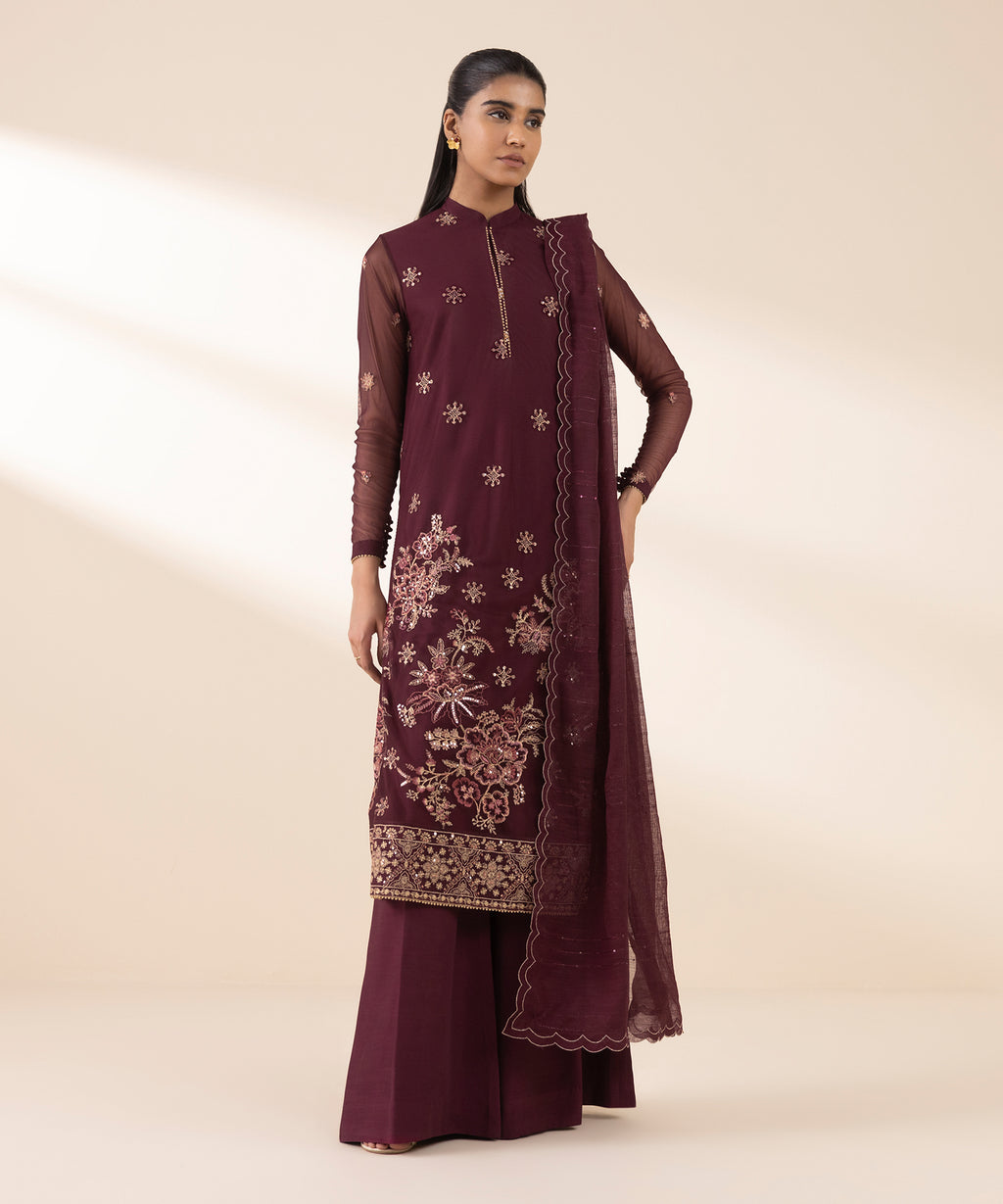 Women's Unstitched Blended Net Embroidered Red 3 Piece Suit