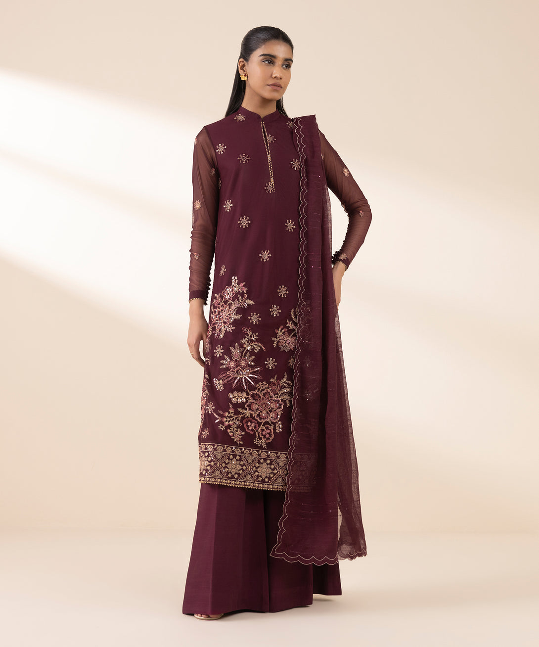Women's Unstitched Blended Net Embroidered Red 3 Piece Suit