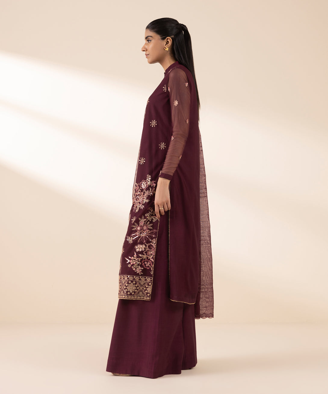 Women's Unstitched Blended Net Embroidered Red 3 Piece Suit