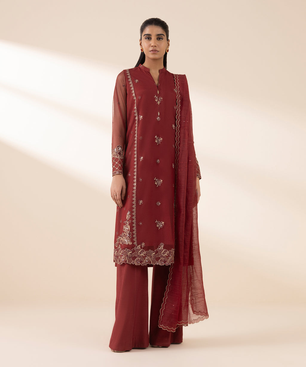 Women's Unstitched Blended Net Embroidered Red 3 Piece Suit
