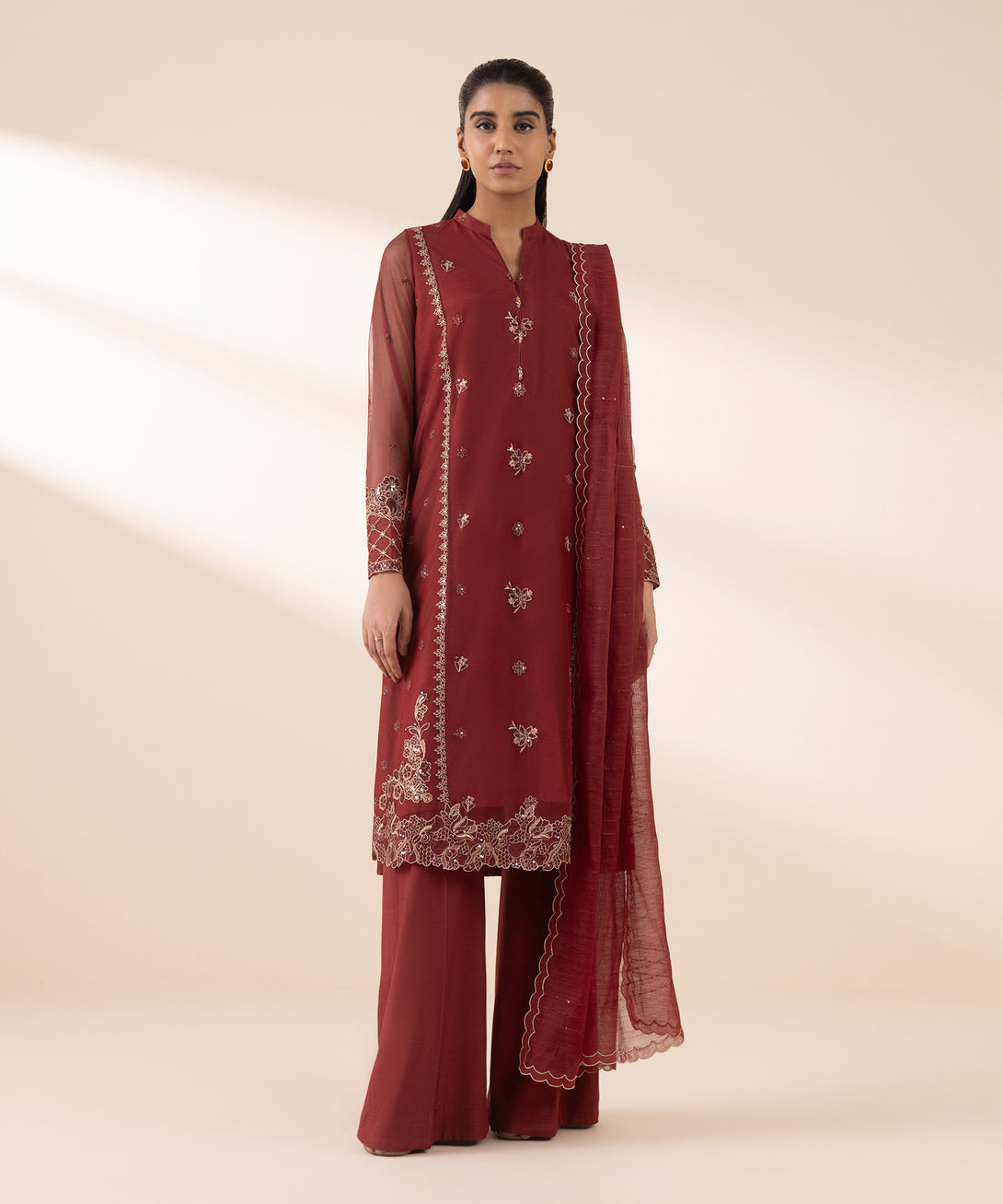 Women's Unstitched Blended Net Embroidered Red 3 Piece Suit