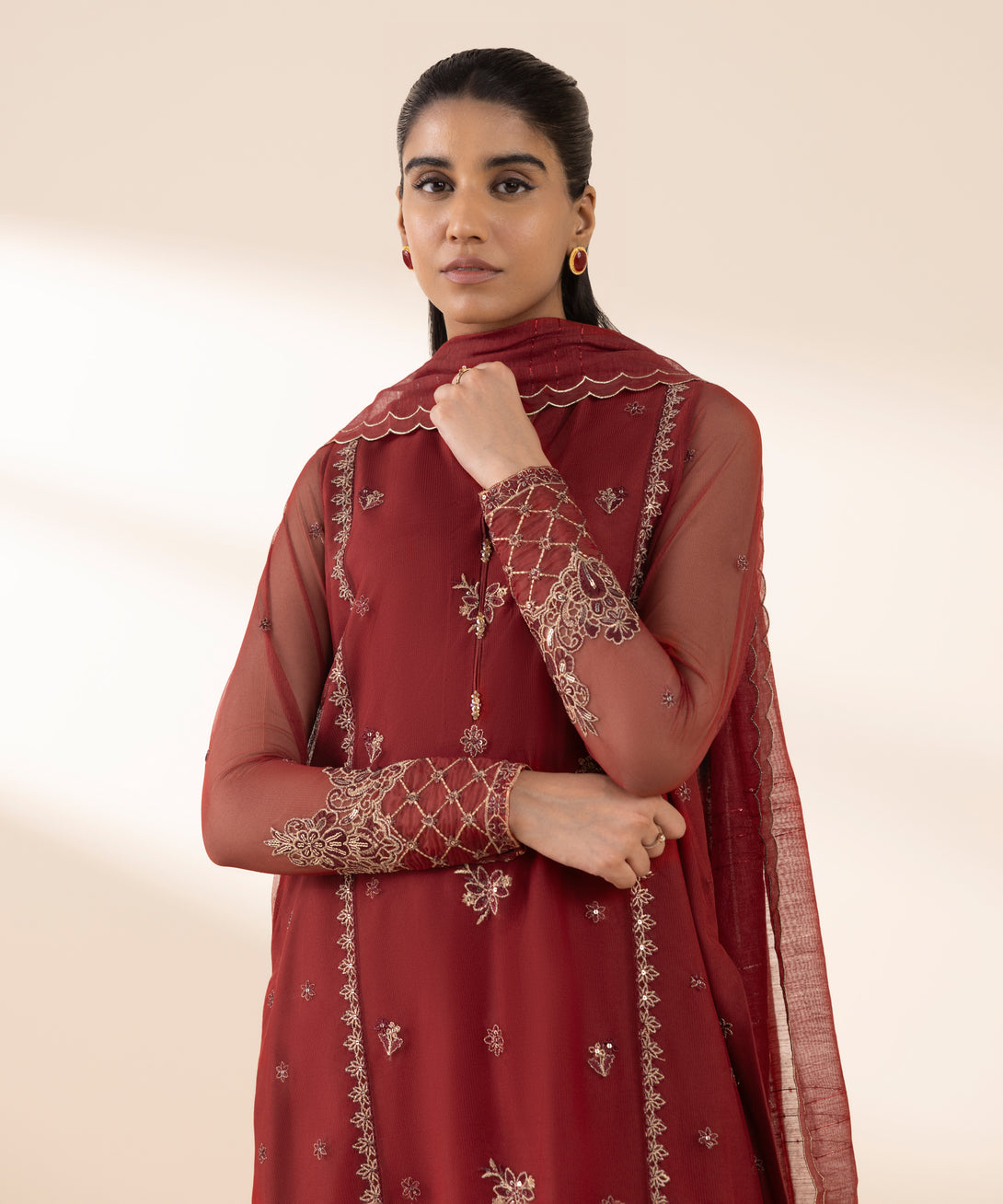 Women's Unstitched Blended Net Embroidered Red 3 Piece Suit