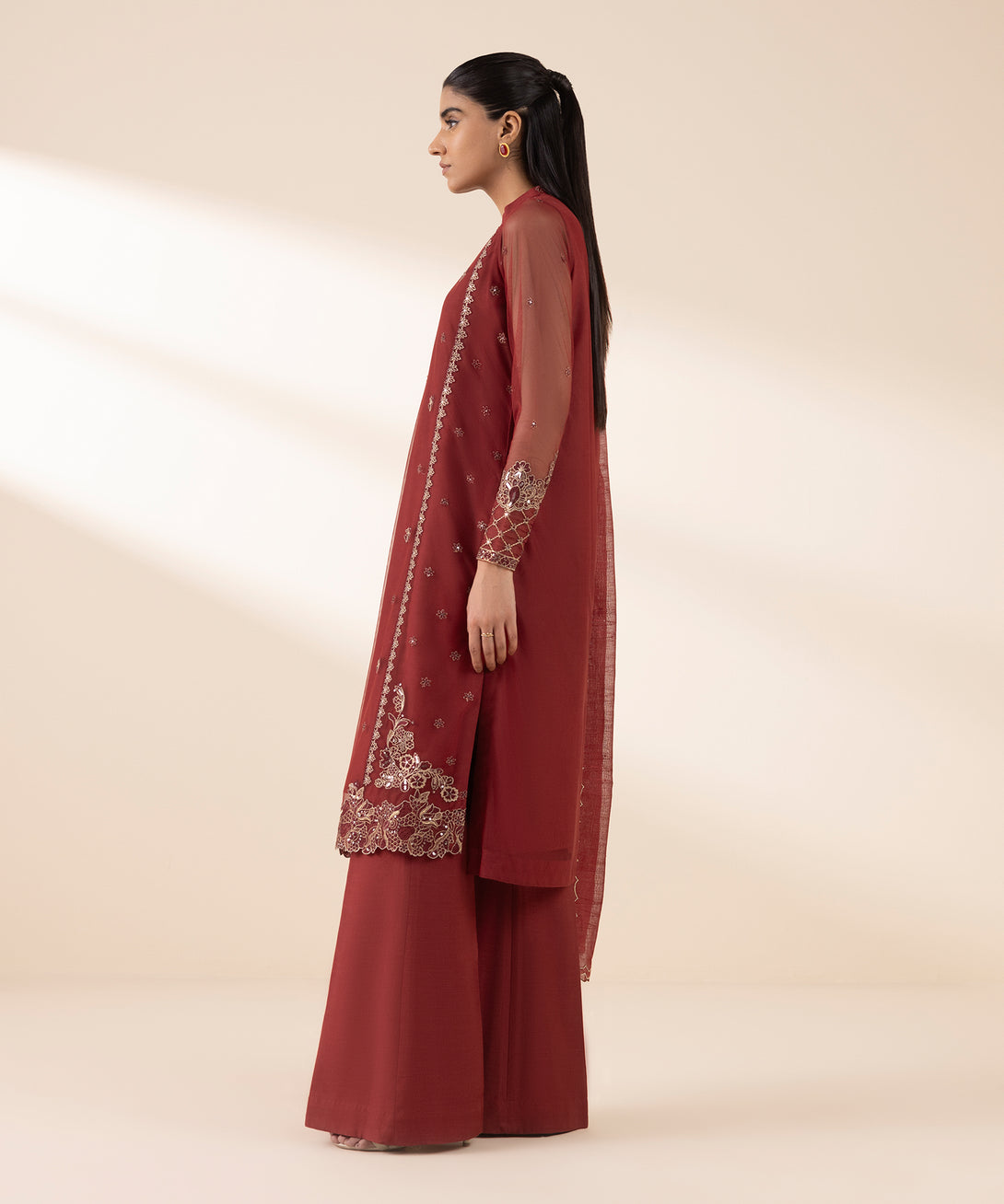 Women's Unstitched Blended Net Embroidered Red 3 Piece Suit