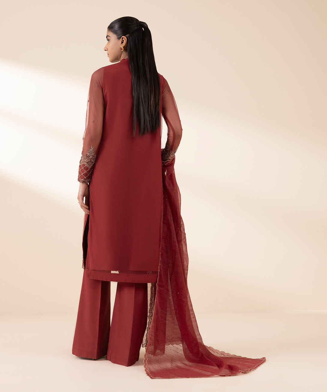 Women's Unstitched Blended Net Embroidered Red 3 Piece Suit