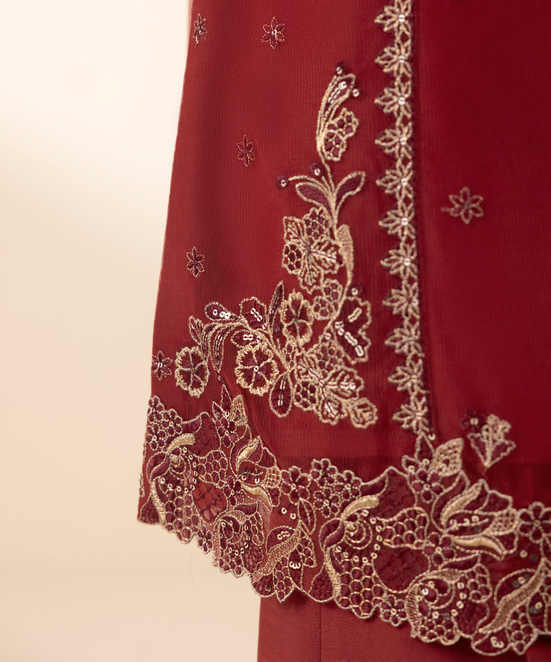 Women's Unstitched Blended Net Embroidered Red 3 Piece Suit