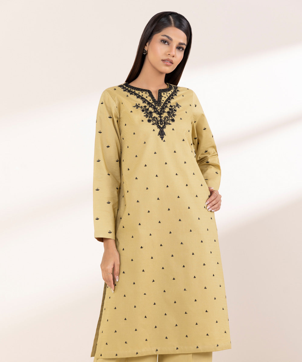 Women's RTW Dobby Beige Embroidered A-Line Shirt