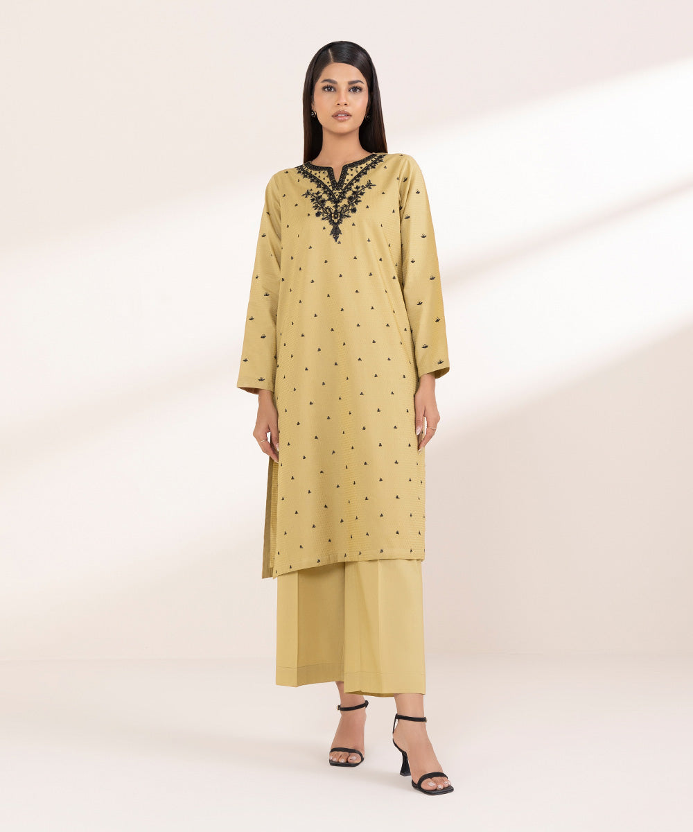 Women's RTW Dobby Beige Embroidered A-Line Shirt