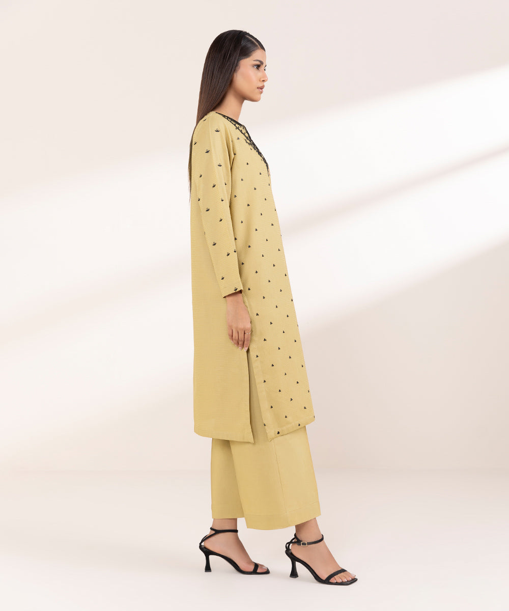 Women's RTW Dobby Beige Embroidered A-Line Shirt