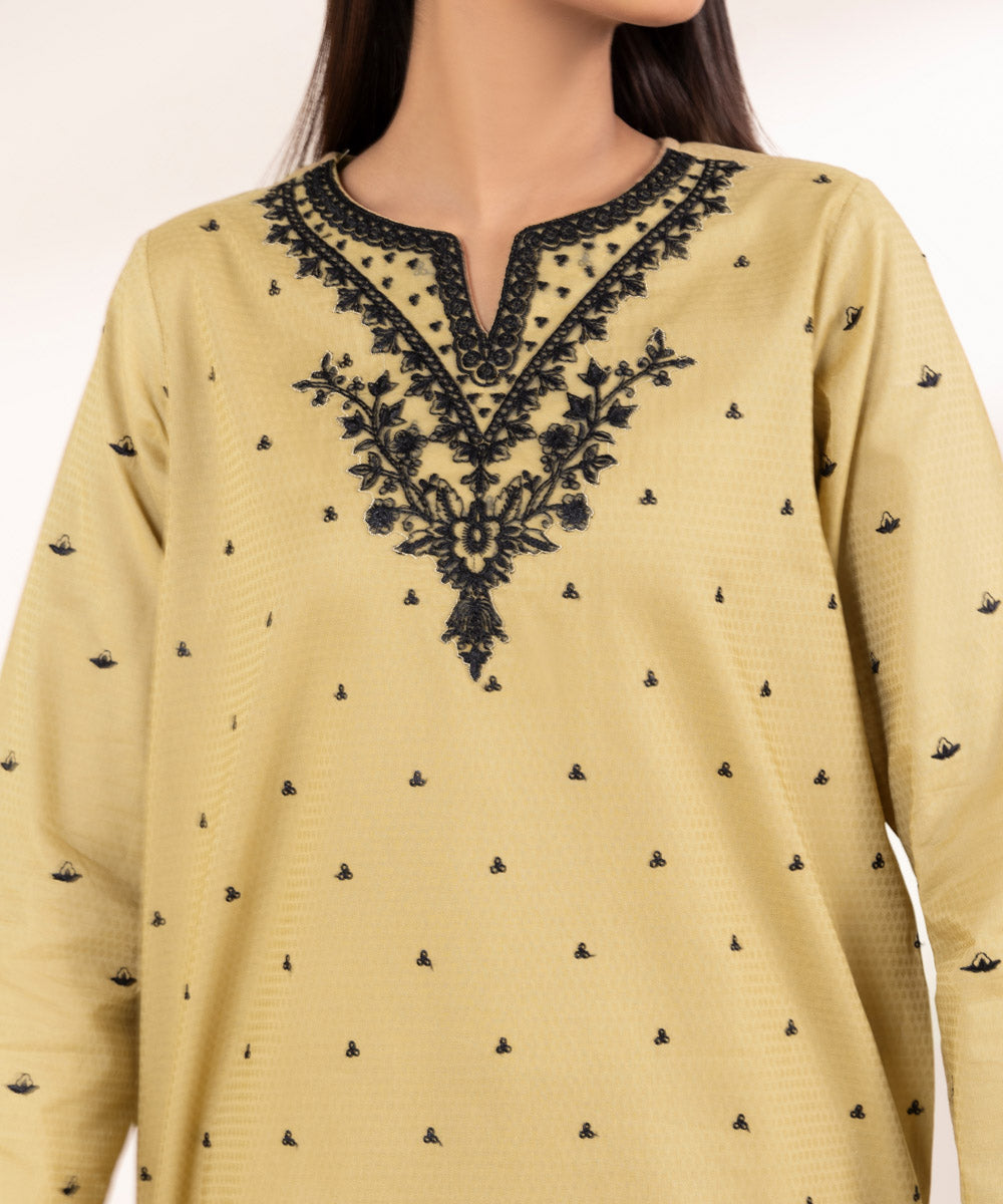 Women's RTW Dobby Beige Embroidered A-Line Shirt