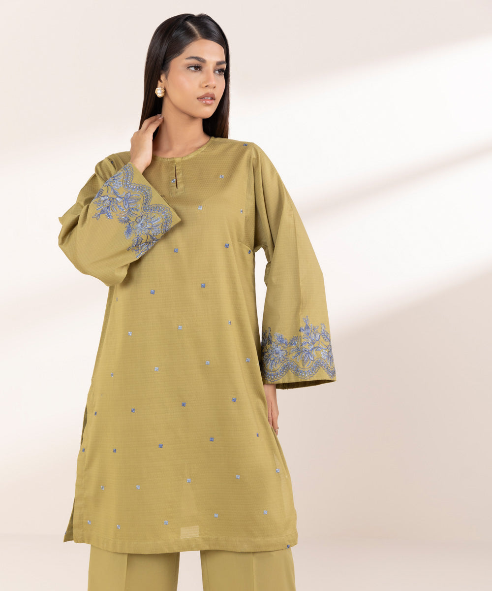 Women's RTW Dobby Brown Embroidered Boxy Shirt