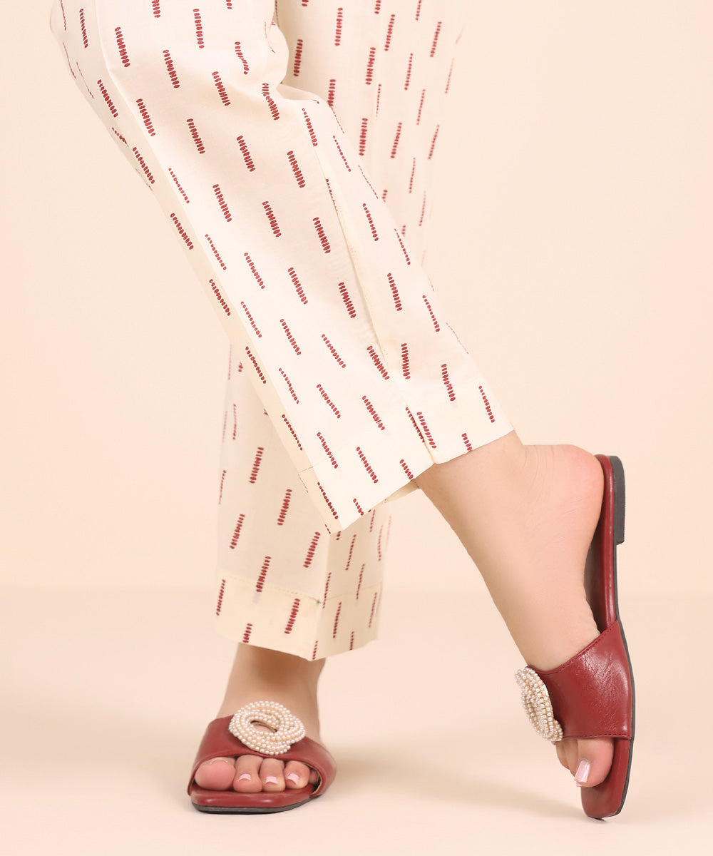 Women's RTW Cambric Off White Printed Straight Pants