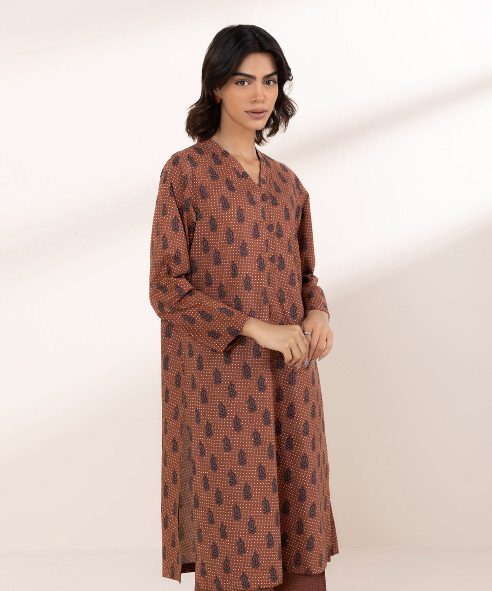Women's RTW Lawn Brown Printed A-Line Shirt