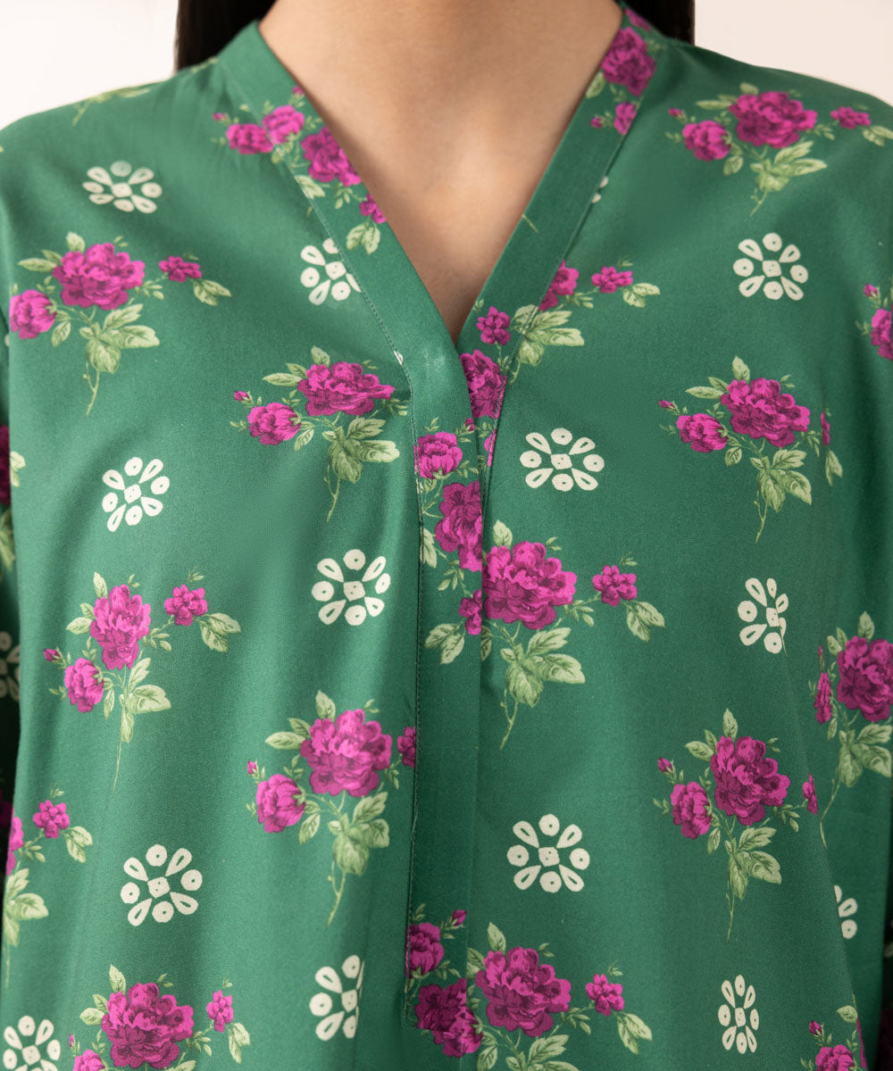 Women's Pret Cambric Printed Green A-Line Shirt