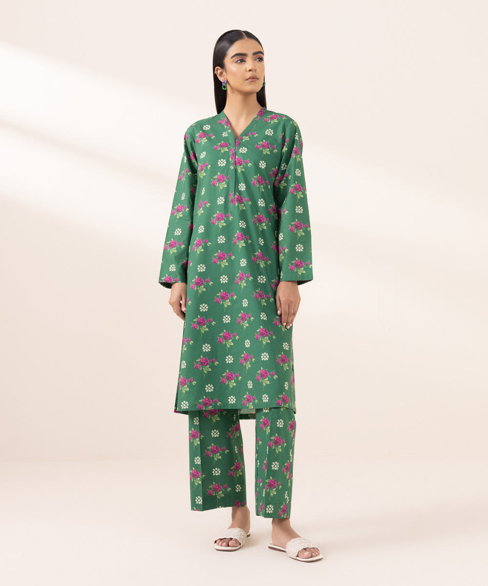 Women's Pret Cambric Printed Green A-Line Shirt