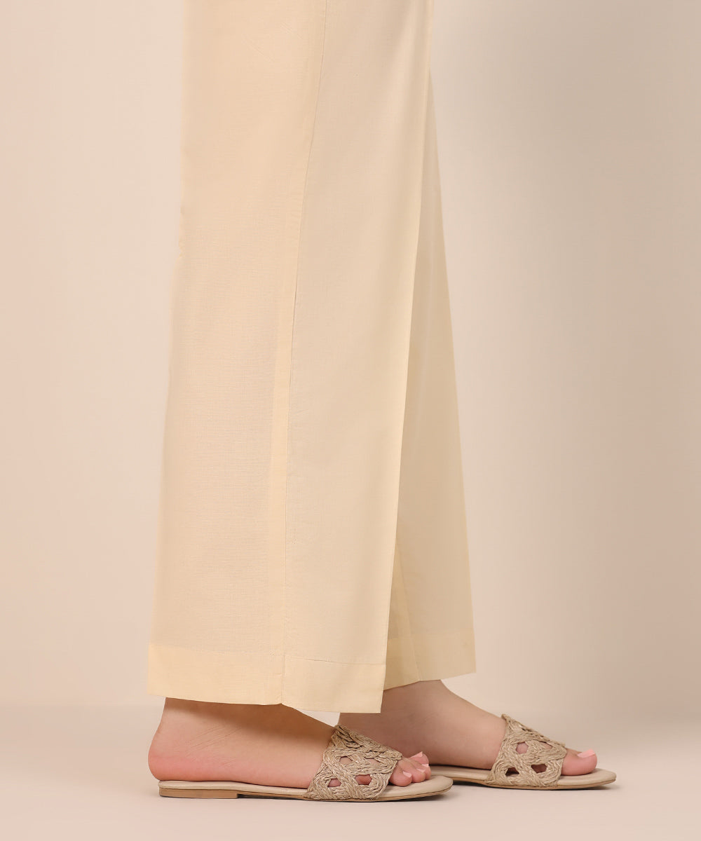 Women's Pret Cambric Beige Solid Straight Pants