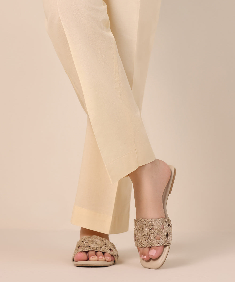 Women's Pret Cambric Beige Solid Straight Pants