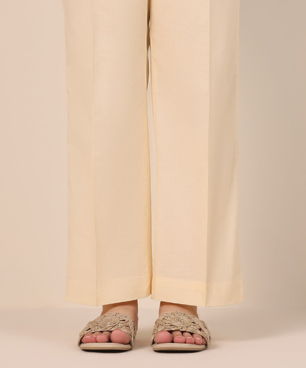 Women's Pret Cambric Beige Solid Straight Pants