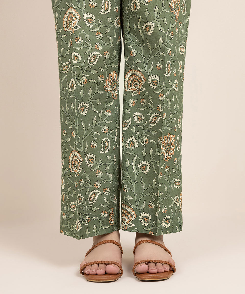 Women's Pret Cambric Printed Green Straight Pants