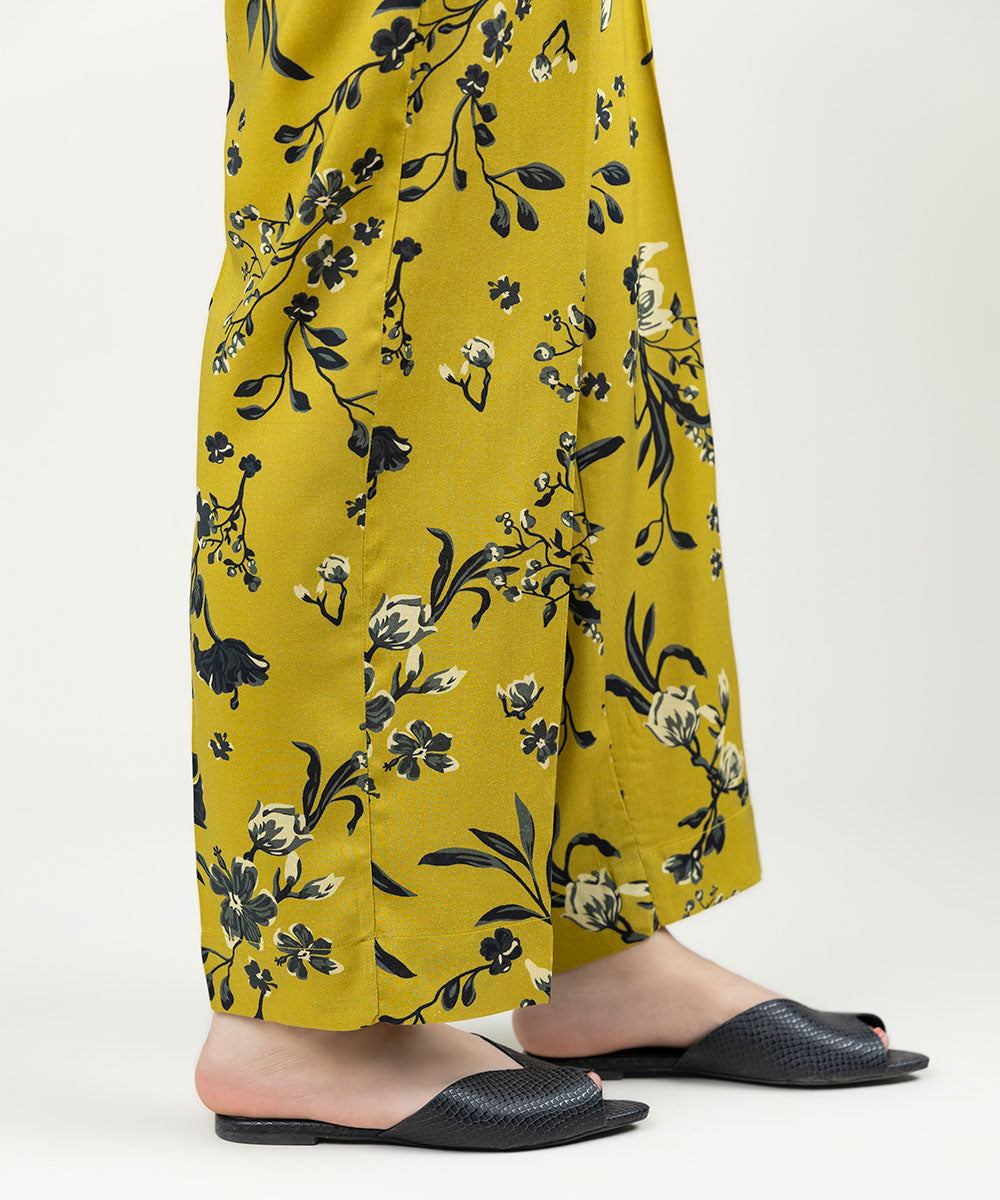 Women's Pret Linen Printed Mustard Straight Pants