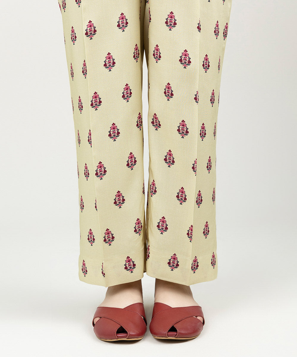 Women's Pret Linen Printed Beige Straight Pants