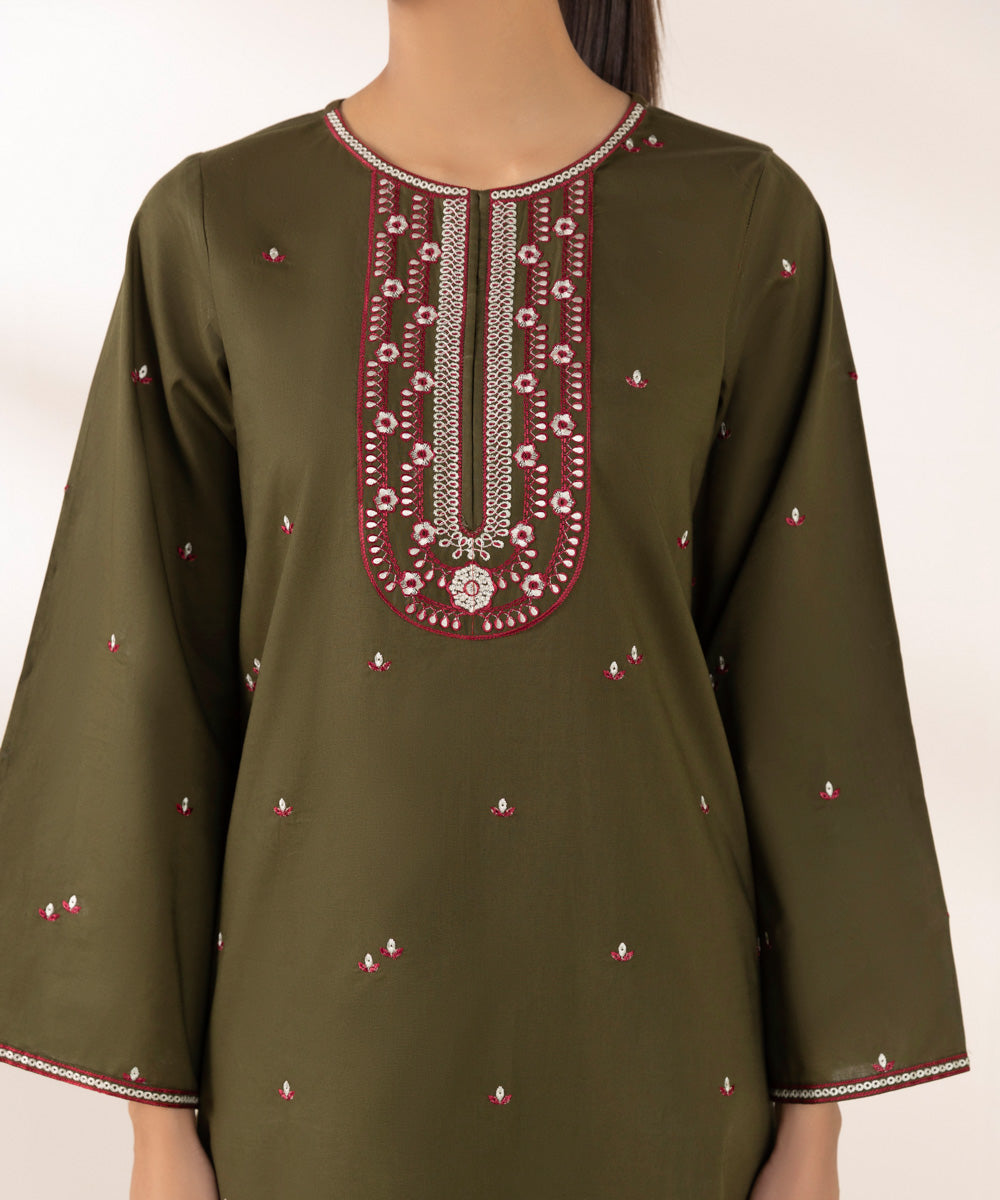 Women's Pret Cambric Embroidered Green A-Line Shirt