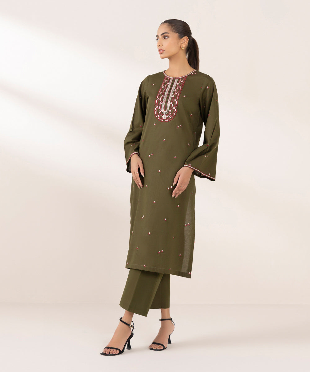 Women's Pret Cambric Embroidered Green A-Line Shirt