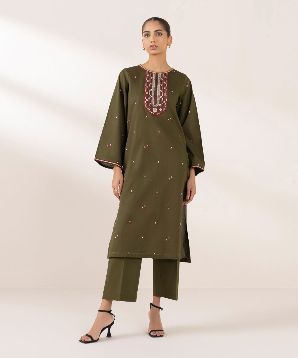 Women's Pret Cambric Embroidered Green A-Line Shirt