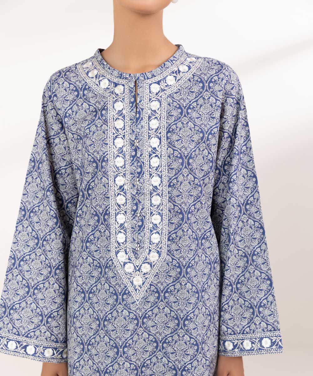 Women's Pret Cambric Embroidered Blue A-Line Shirt