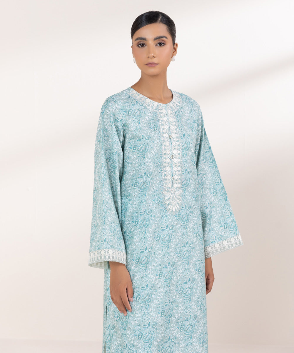 Women's Pret Cambric Embroidered Blue A-Line Shirt