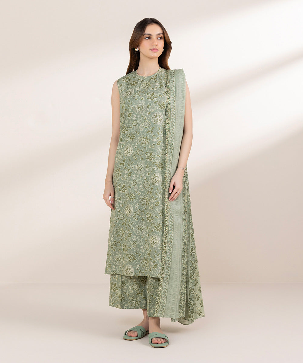 Textured Lawn Green Printed Dupatta