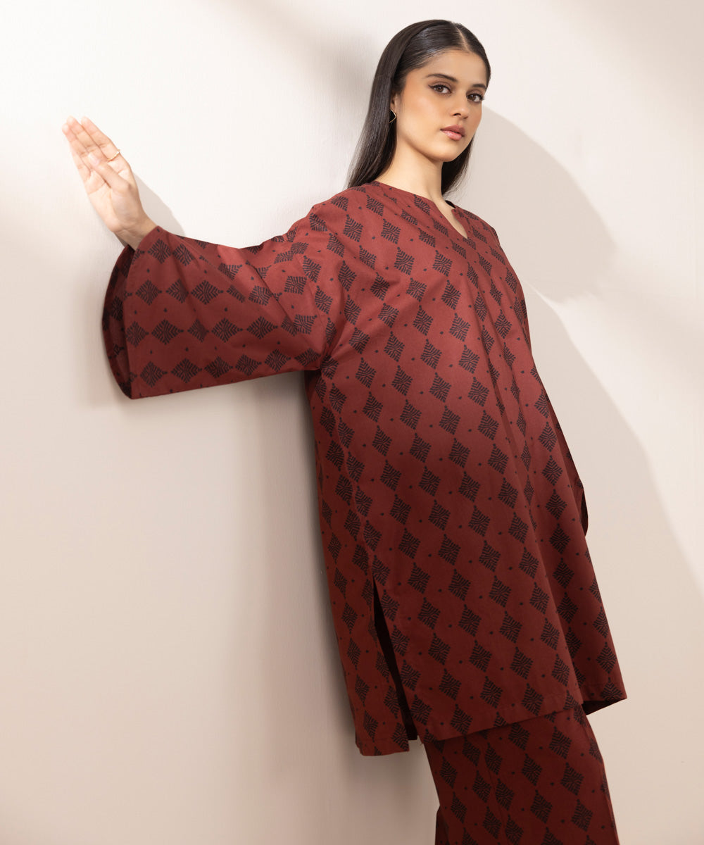 Women's Pret Cambric Maroon Printed Boxy Shirt