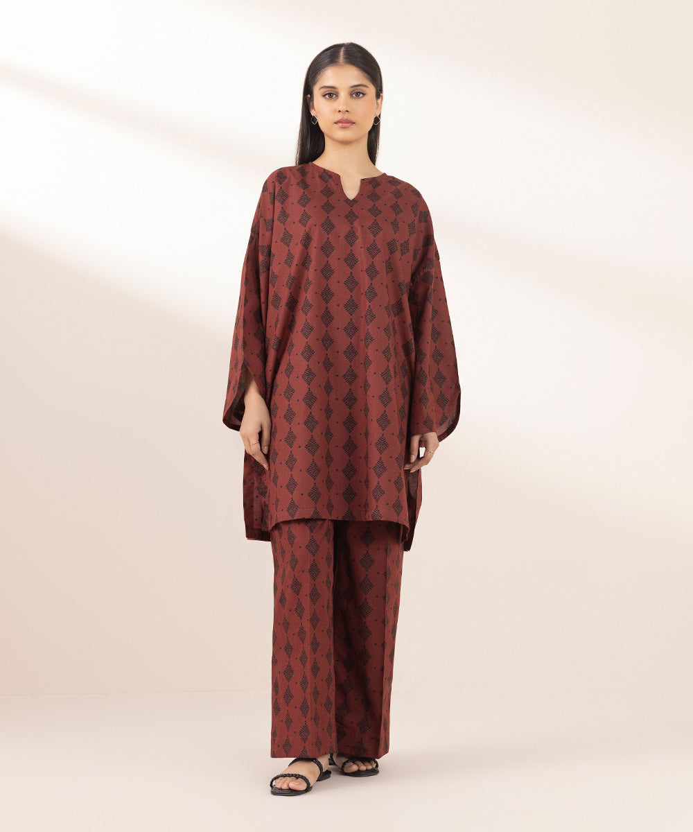 Women's Pret Cambric Maroon Printed Boxy Shirt