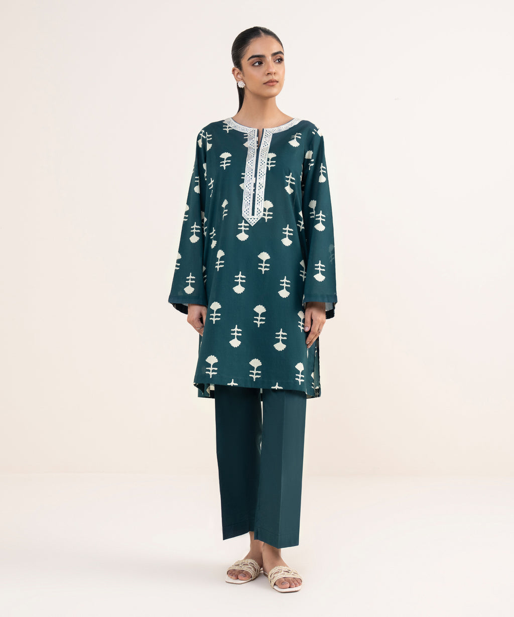 Women's RTW Lawn Green Embroidered Straight Shirt