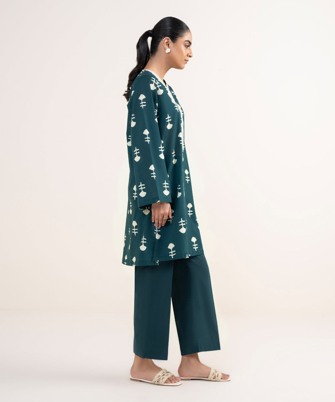 Women's RTW Lawn Green Embroidered Straight Shirt