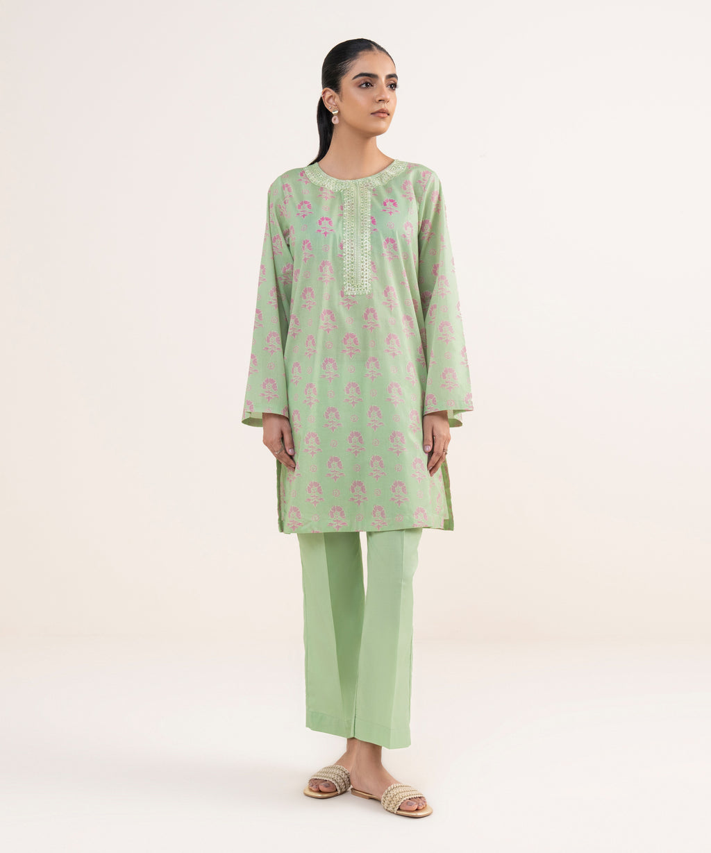 Women's RTW Lawn Green Embroidered A-Line Shirt