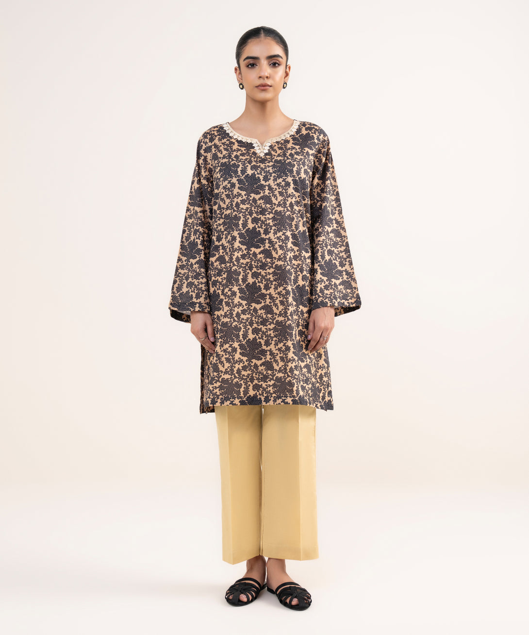 Women's RTW Lawn Black Embroidered A-Line Shirt