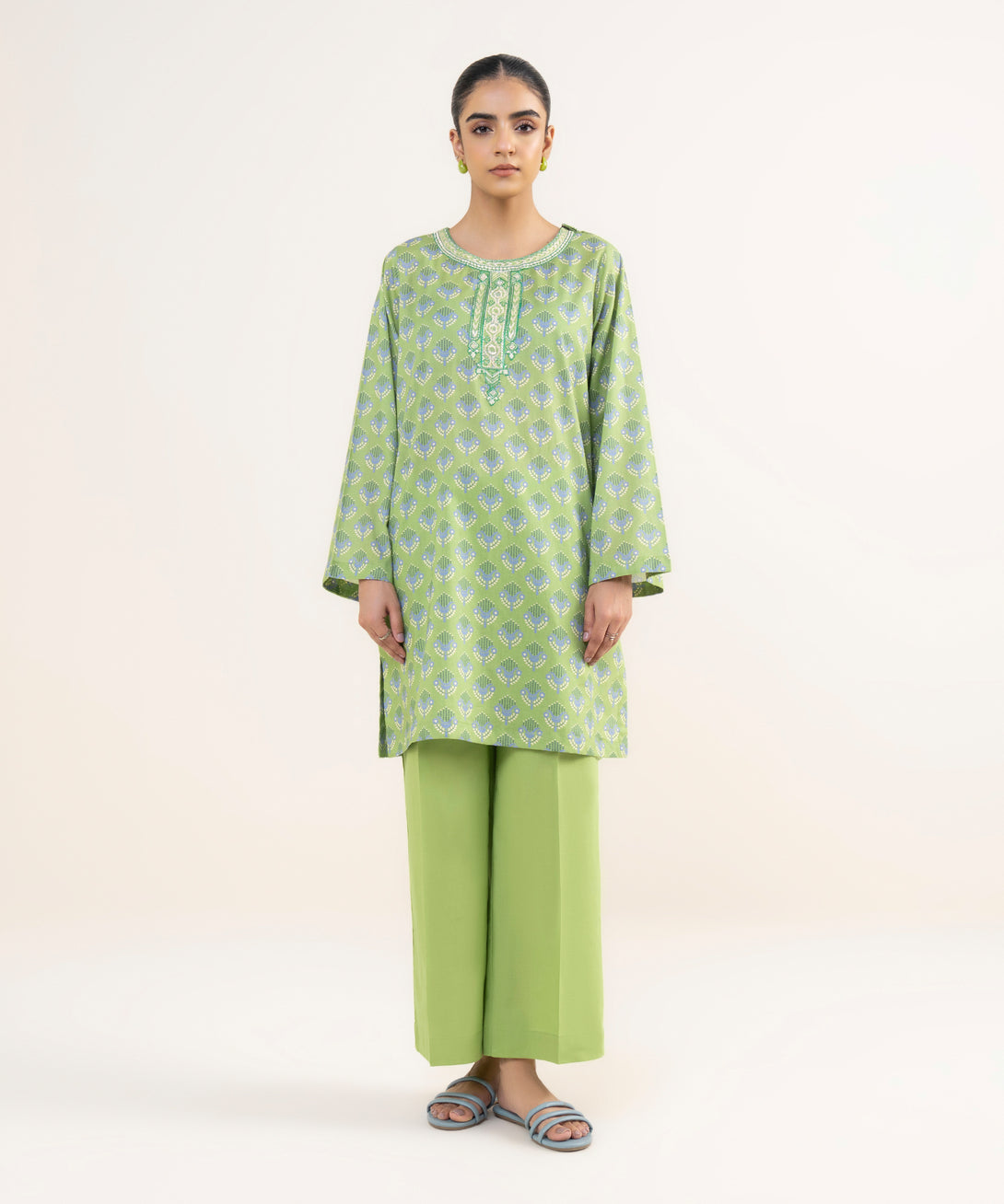 Women's RTW Lawn Green Embroidered Straight Shirt