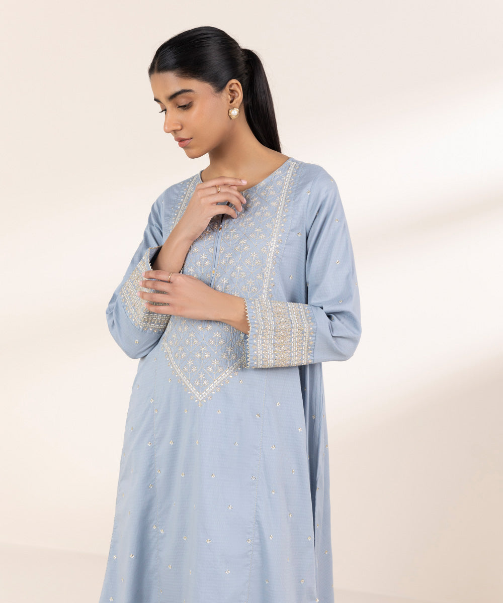 Women's Pret Dobby Blue Embroidered A-Line Shirt