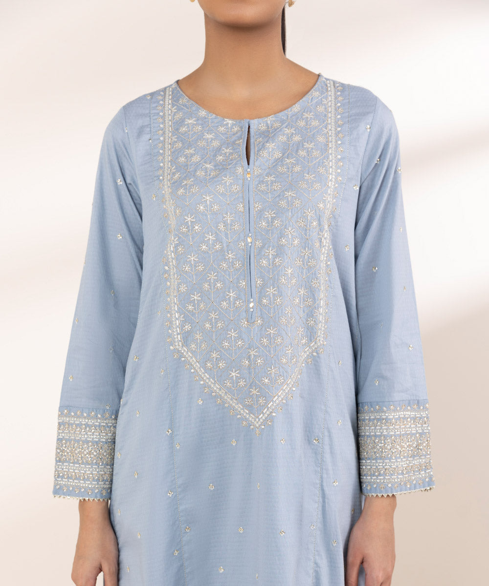 Women's Pret Dobby Blue Embroidered A-Line Shirt