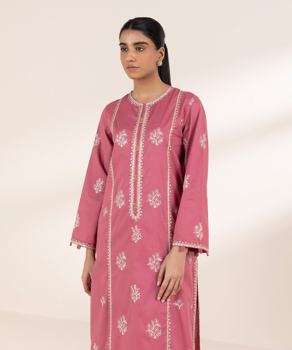 Women's Pret Dobby Pink Embroidered A-Line Shirt