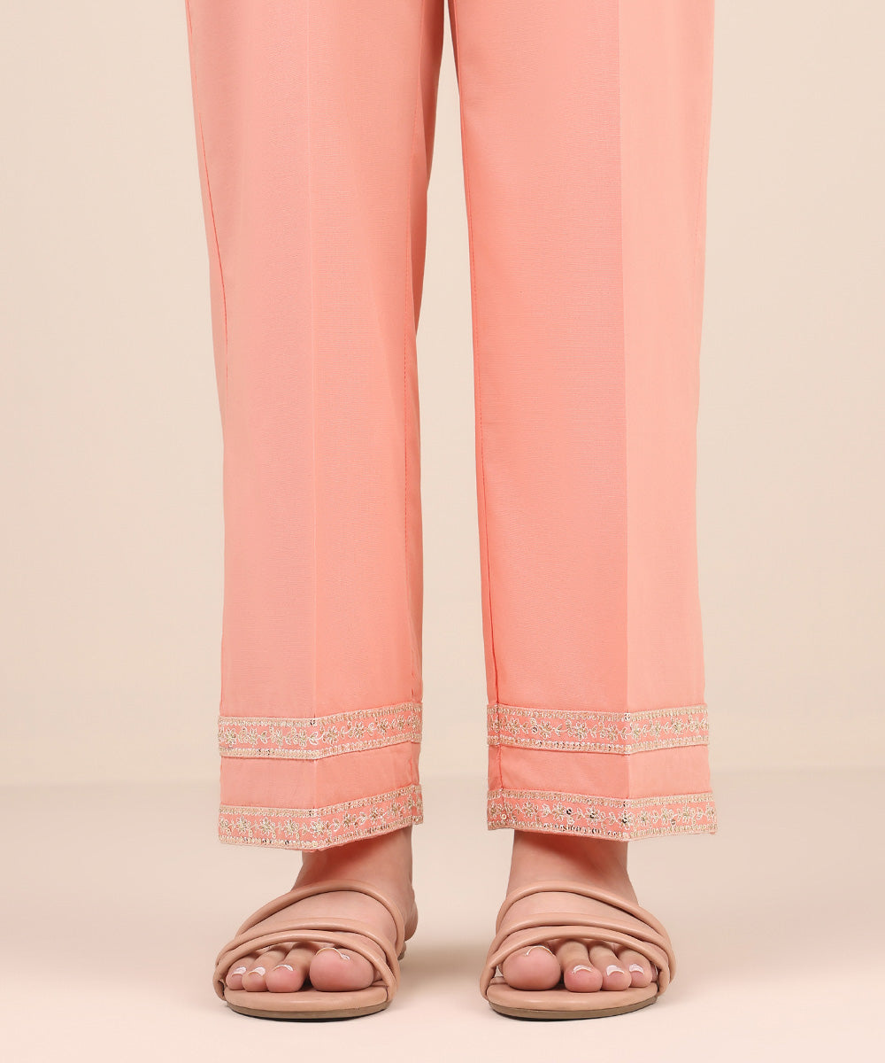 Women's Pret Cambric Pink Embroidered Straight Pants