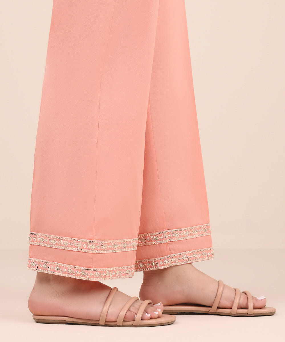 Women's Pret Cambric Pink Embroidered Straight Pants