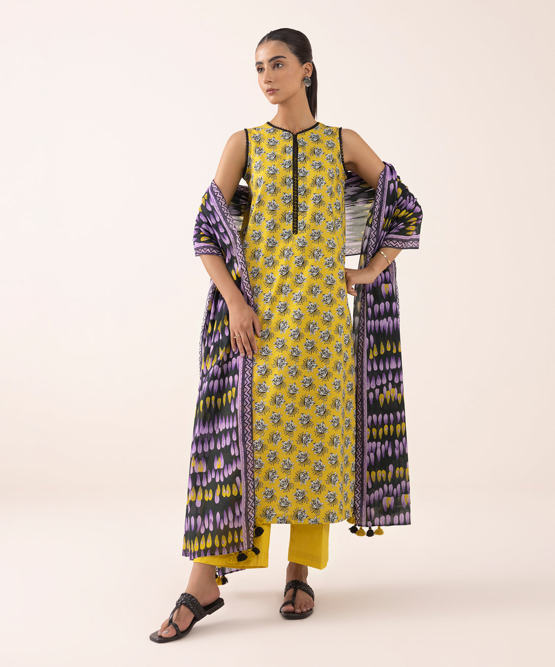 Women's Unstitched Lawn Printed Yellow 3 Piece Suit