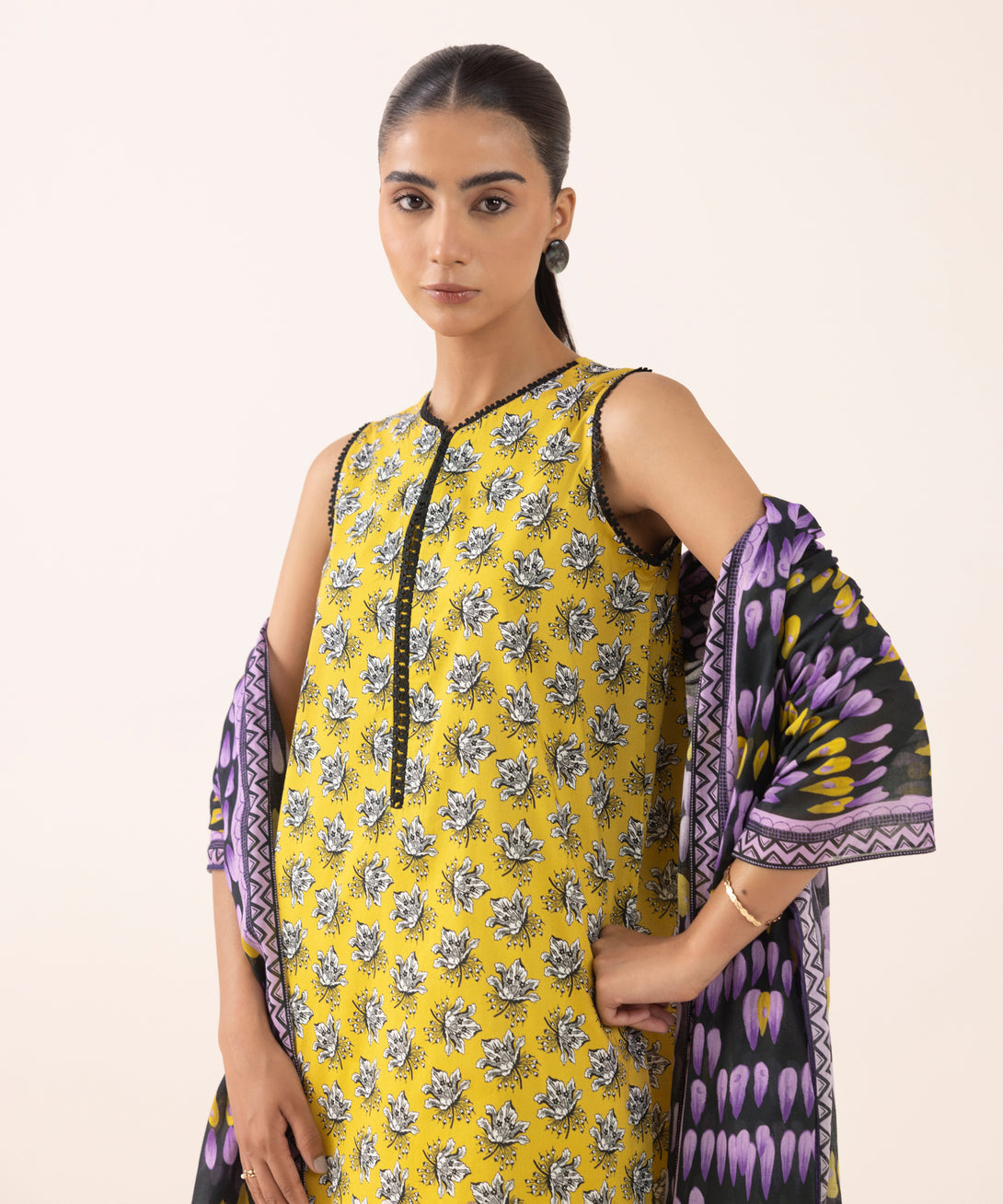 Women's Unstitched Lawn Printed Yellow 3 Piece Suit