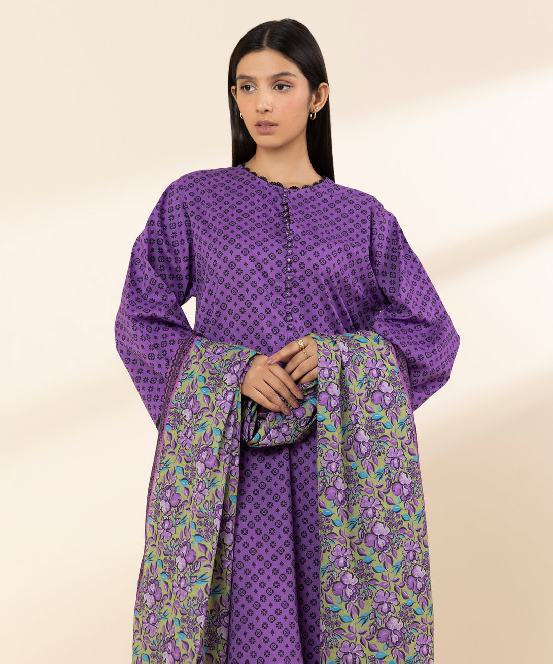 Women's Unstitched Lawn Printed Purple 3 Piece Suit
