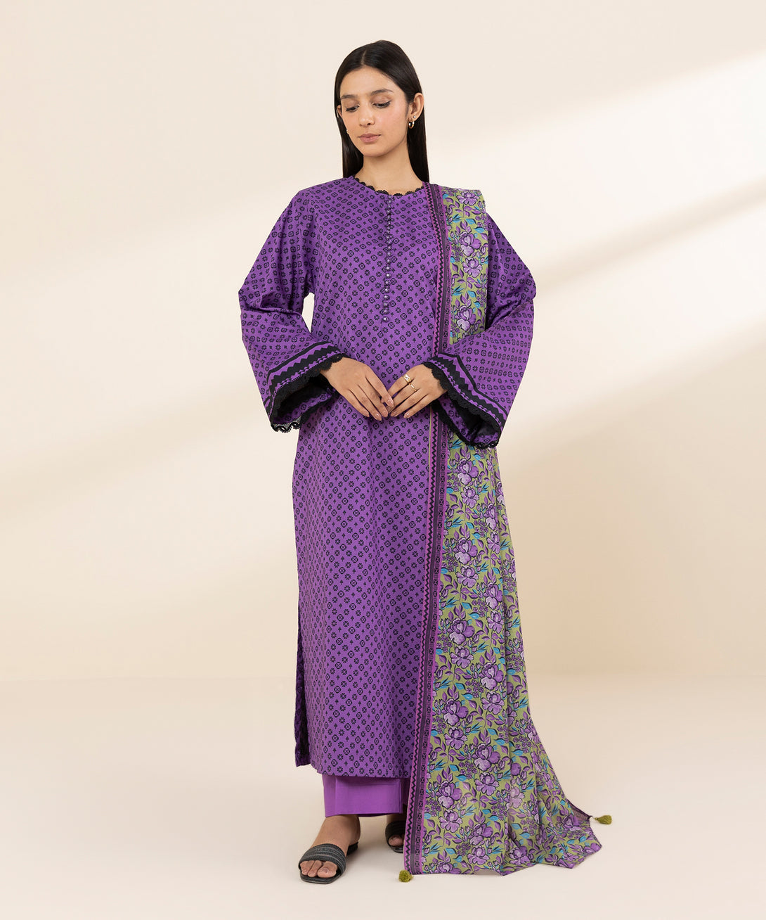 Women's Unstitched Lawn Printed Purple 3 Piece Suit