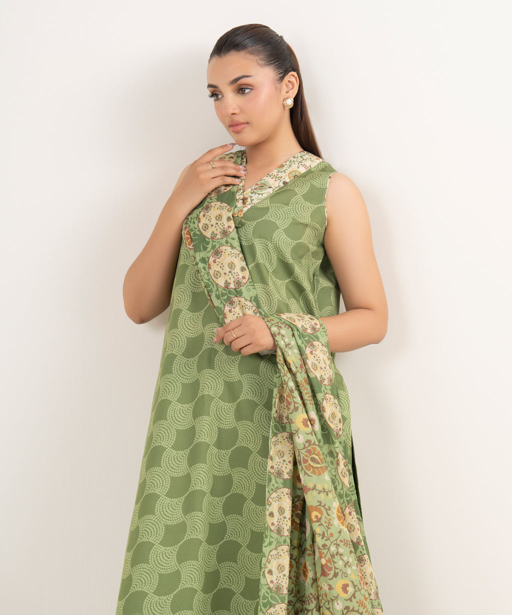 Women's Unstitched Lawn Printed Green 3 Piece Suit