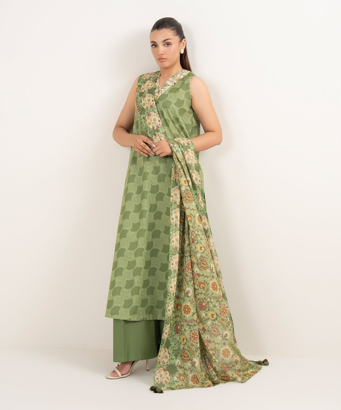 Women's Unstitched Lawn Printed Green 3 Piece Suit
